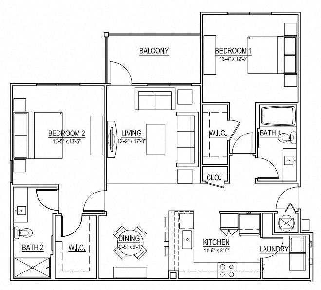 Floor plan for 2 beds, 2 baths, 1310 sqft